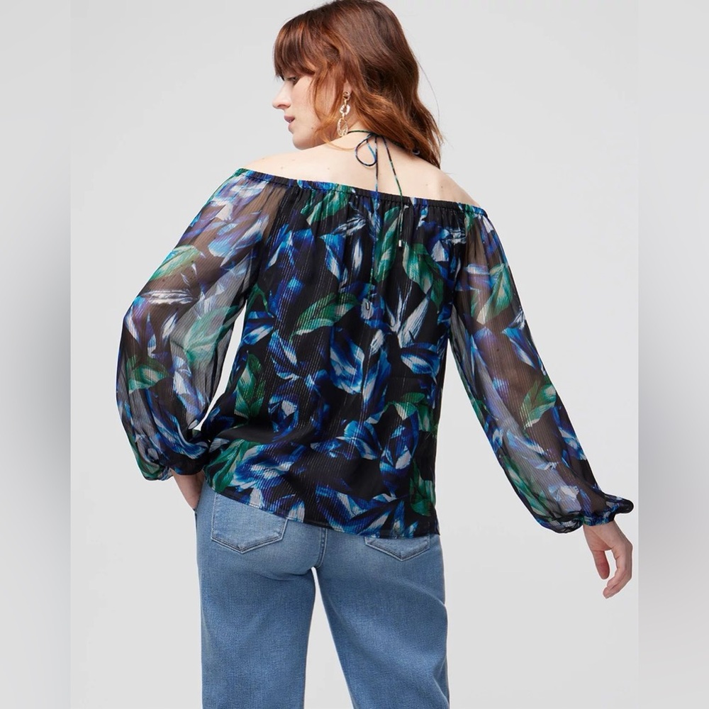 NEW $99 WHBM Off-the-Shoulder Metallic Cross-Neck Blouse - Picture 2 of 7